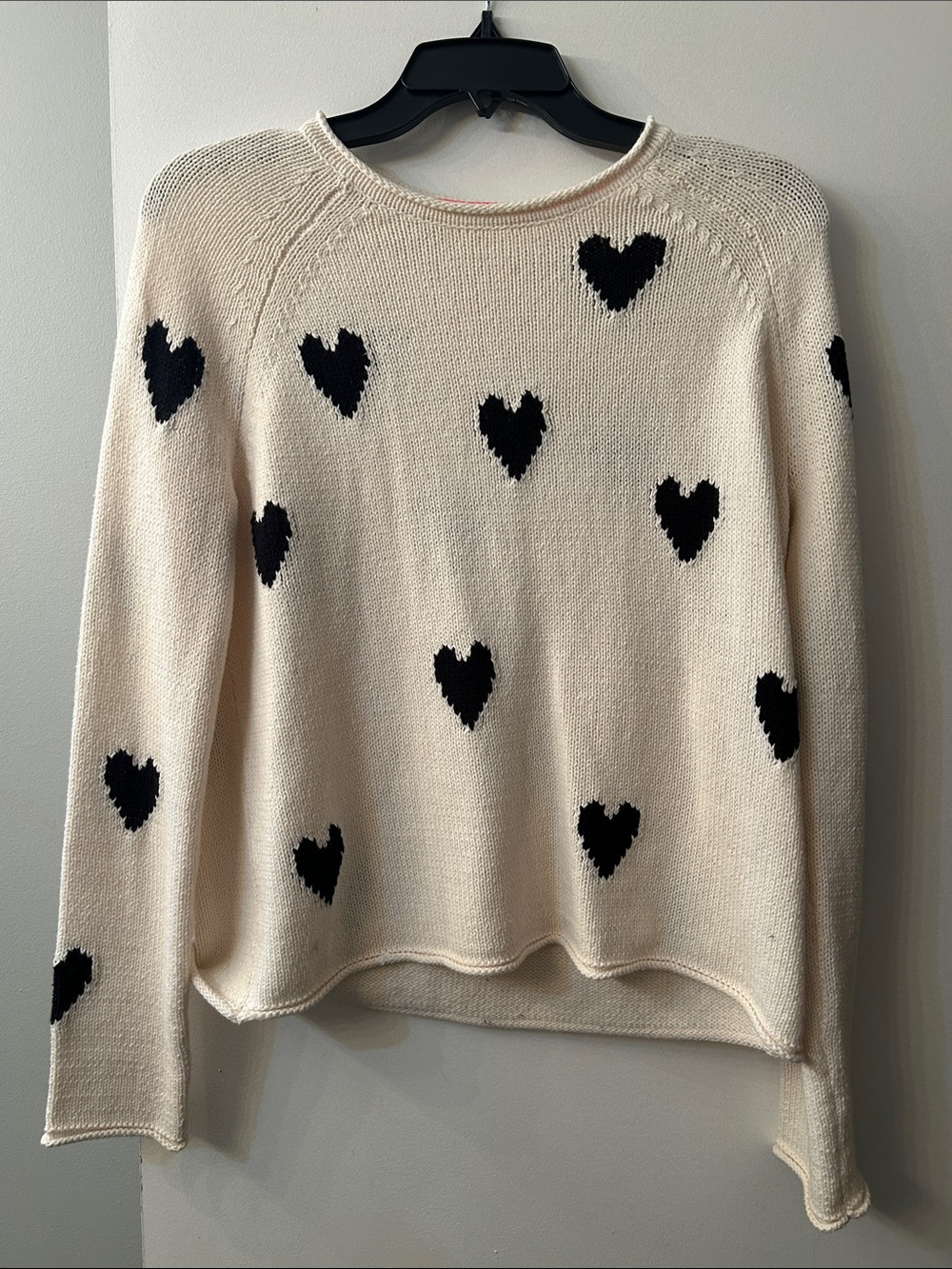 Lisa Todd Cream Crewneck Sweater with Black Heart Motifs
